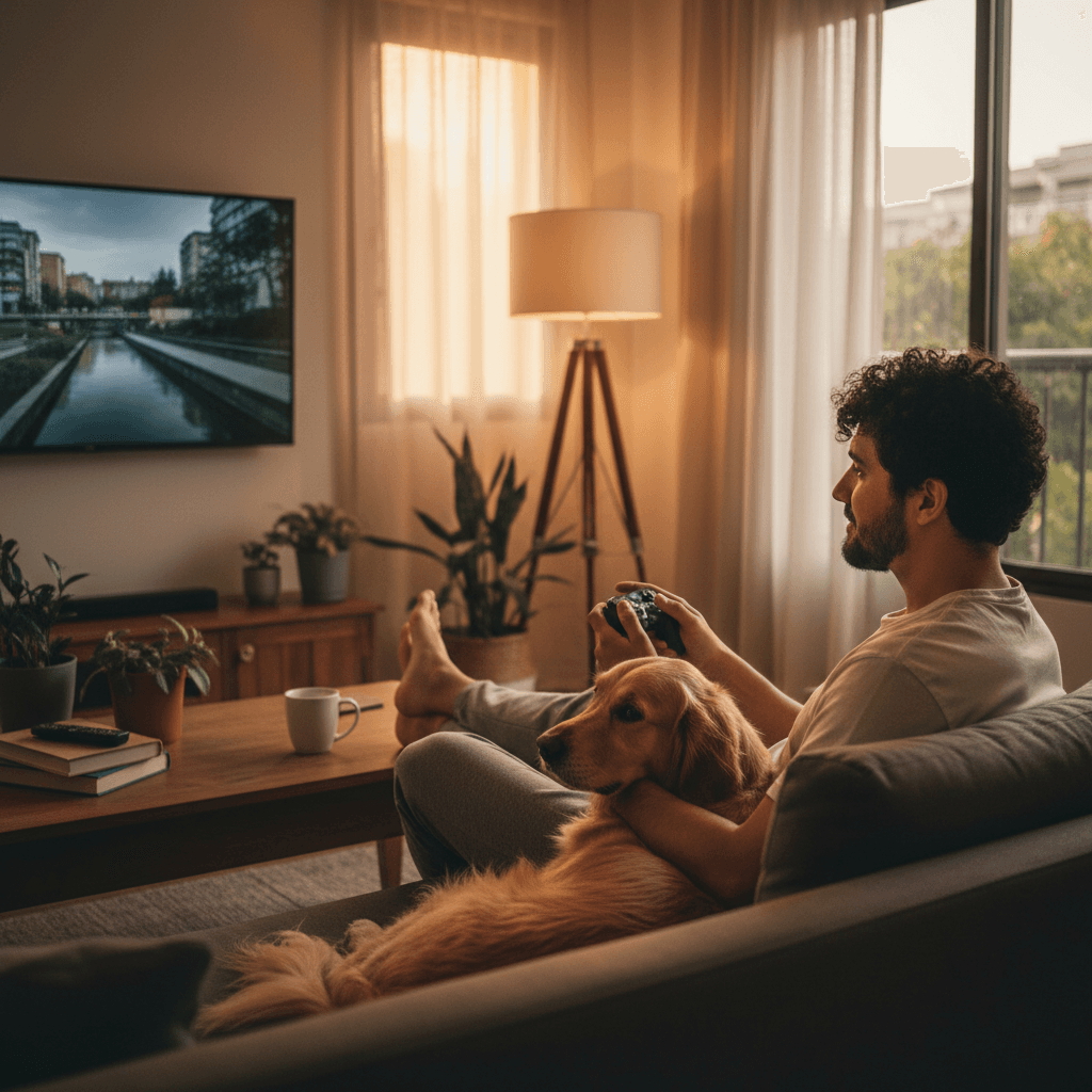 Hombre tranquilo jugando videojuegos con su perro mientras se recupera