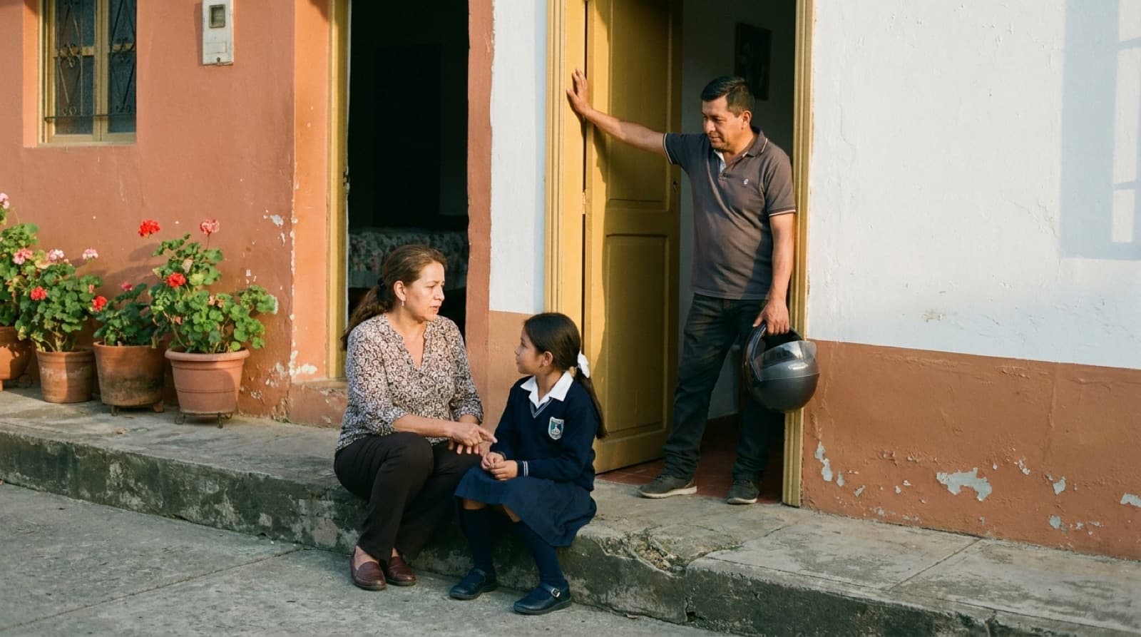 Una familia colombiana en la puerta de su casa al atardecer