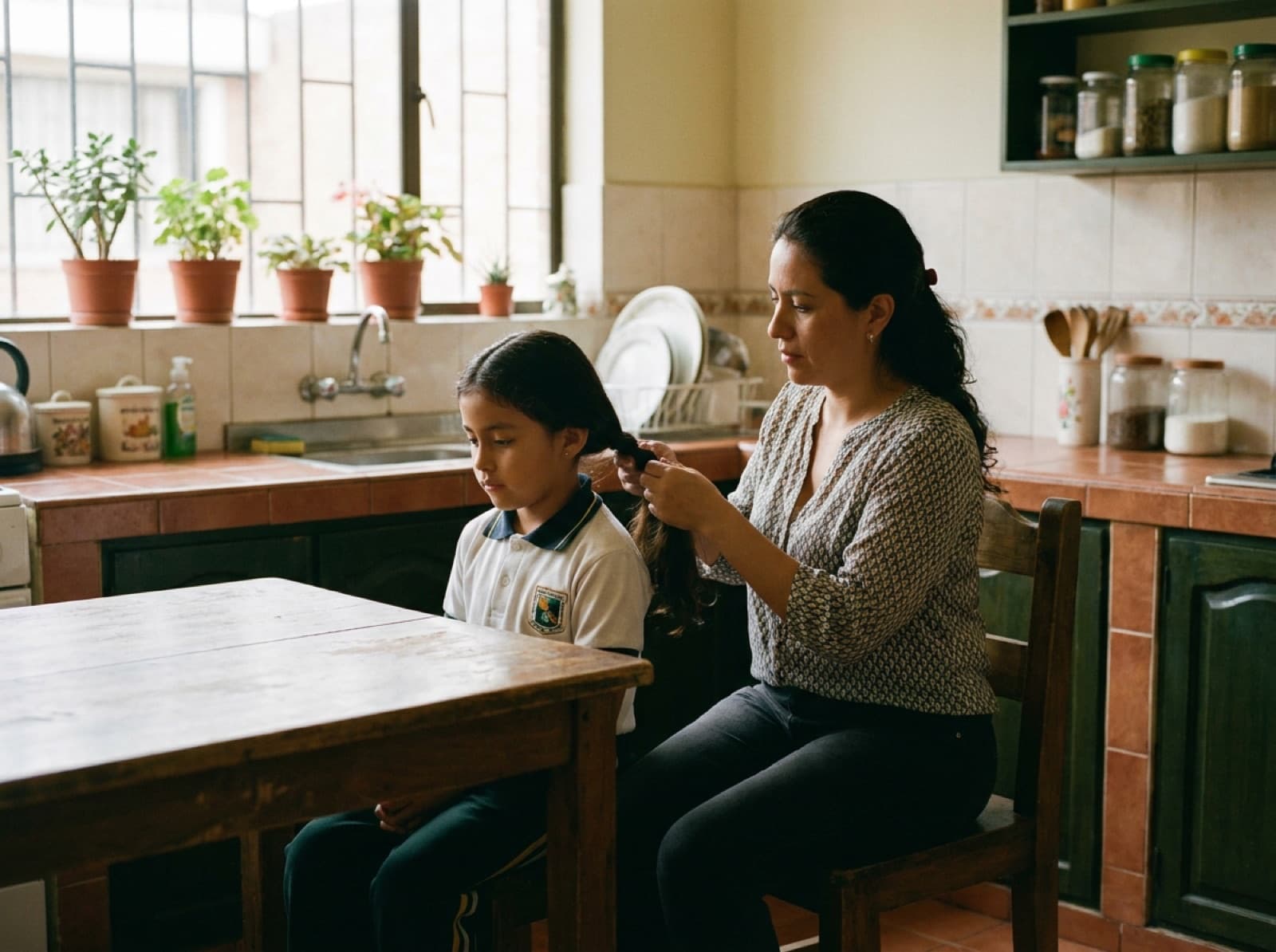 Una madre peinando a su hija en la cocina de su casa